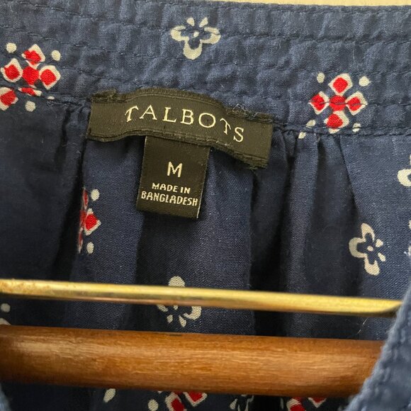 Talbots Shirt Women's Blue Red Med Short Sleeve Cold Shoulder Floral Lightweight - Picture 5 of 6